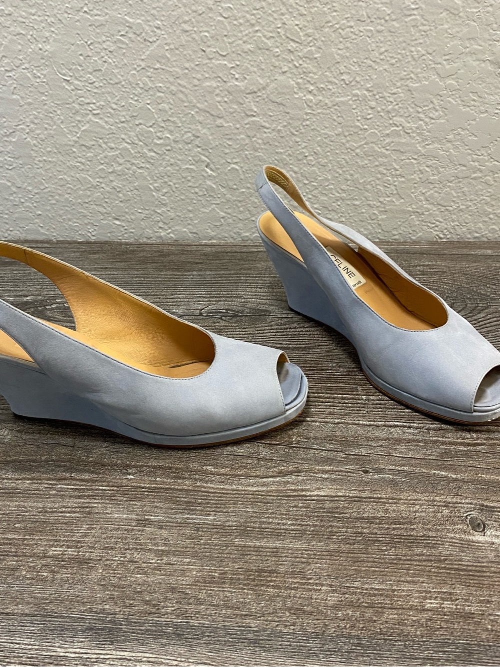 Vintage Celine Paris Powder Blue Suede Slingback Wedge Heels Peep Toe 7.5/38